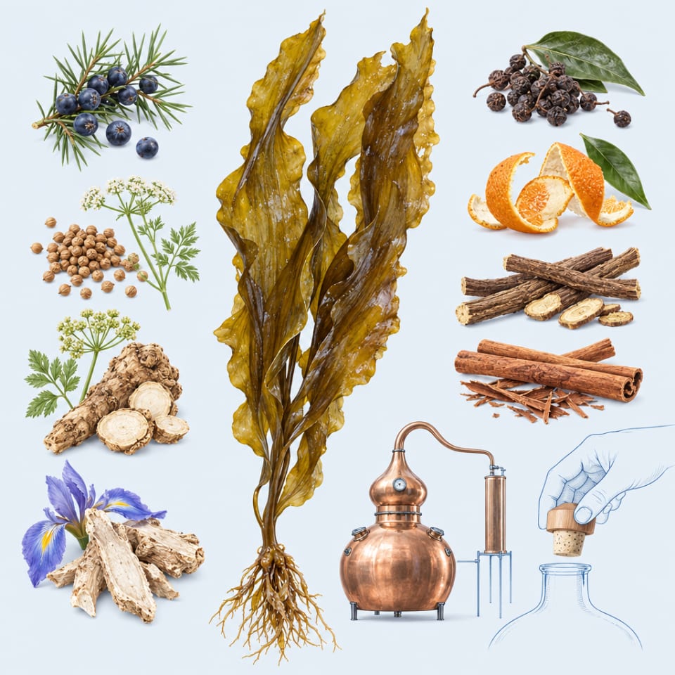 Sachliche botanische Illustration von Zuckertang, Wacholder und den weiteren für Isle of Harris Gin genannten Botanicals