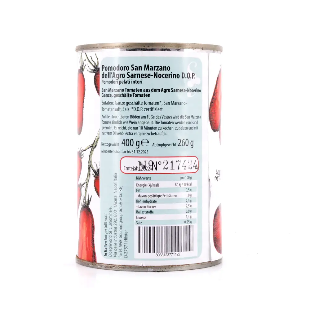 Agrigenus Pomodoro S. Marzano dell`Agro Sarnese-Nocerino D.O.P. Ganze geschälte Tomaten 260 Gramm Abtropfgewicht Produktbild