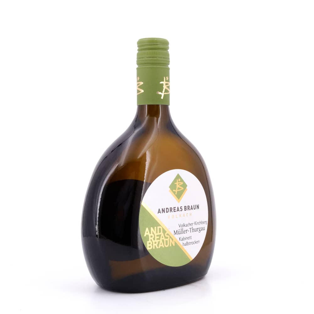Andreas Braun Volkacher Kirchberg Müller-Thurgau Kabinett Jahrgang 2022 / 2023 halbtrocken 0,750 Liter/ 11.0% vol Produktbild