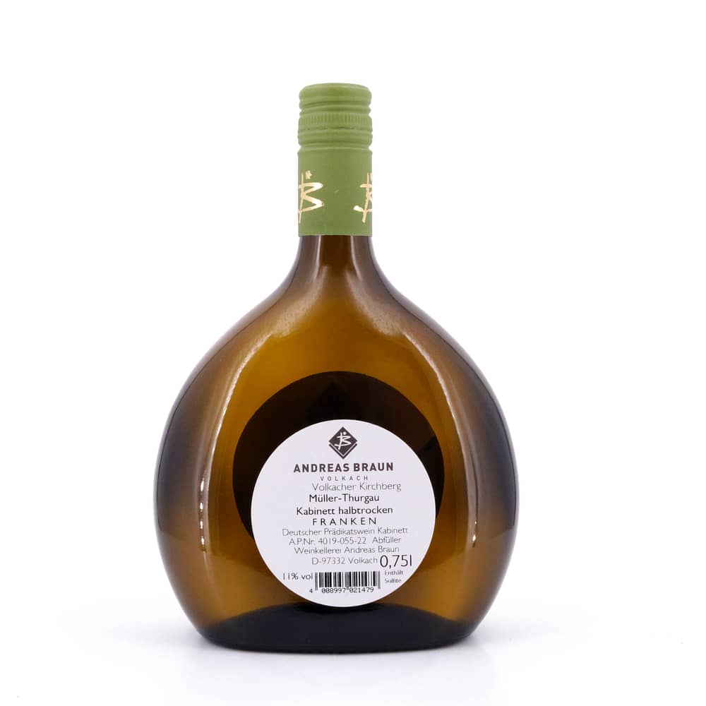 Andreas Braun Volkacher Kirchberg Müller-Thurgau Kabinett Jahrgang 2022 / 2023 halbtrocken 0,750 Liter/ 11.0% vol Produktbild