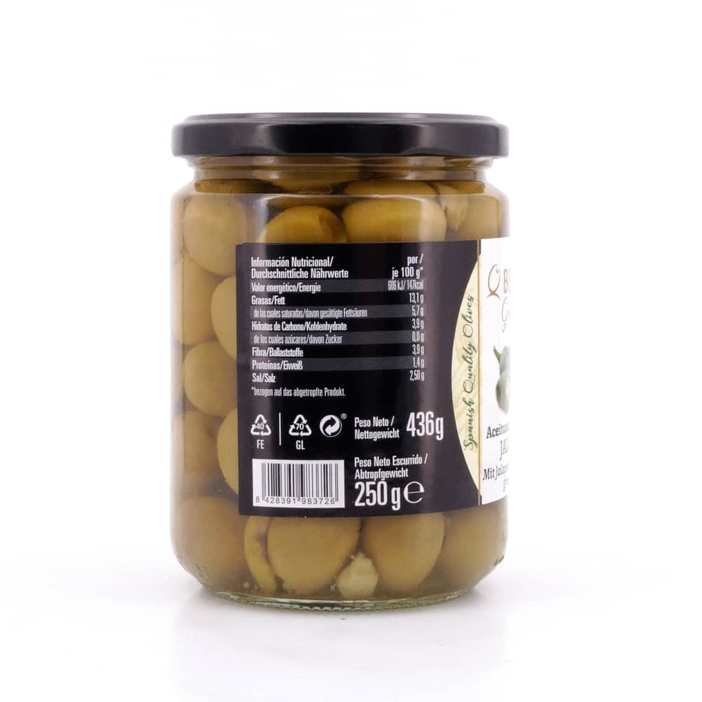 Bernal Grüne Oliven gefüllt mit Jalapenopaste 436g Glas 250 Gramm Abtropfgewicht Produktbild