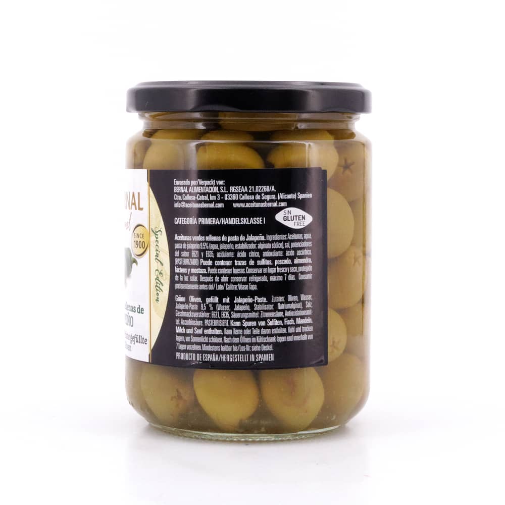 Bernal Grüne Oliven gefüllt mit Jalapenopaste 436g Glas 250 Gramm Abtropfgewicht Produktbild