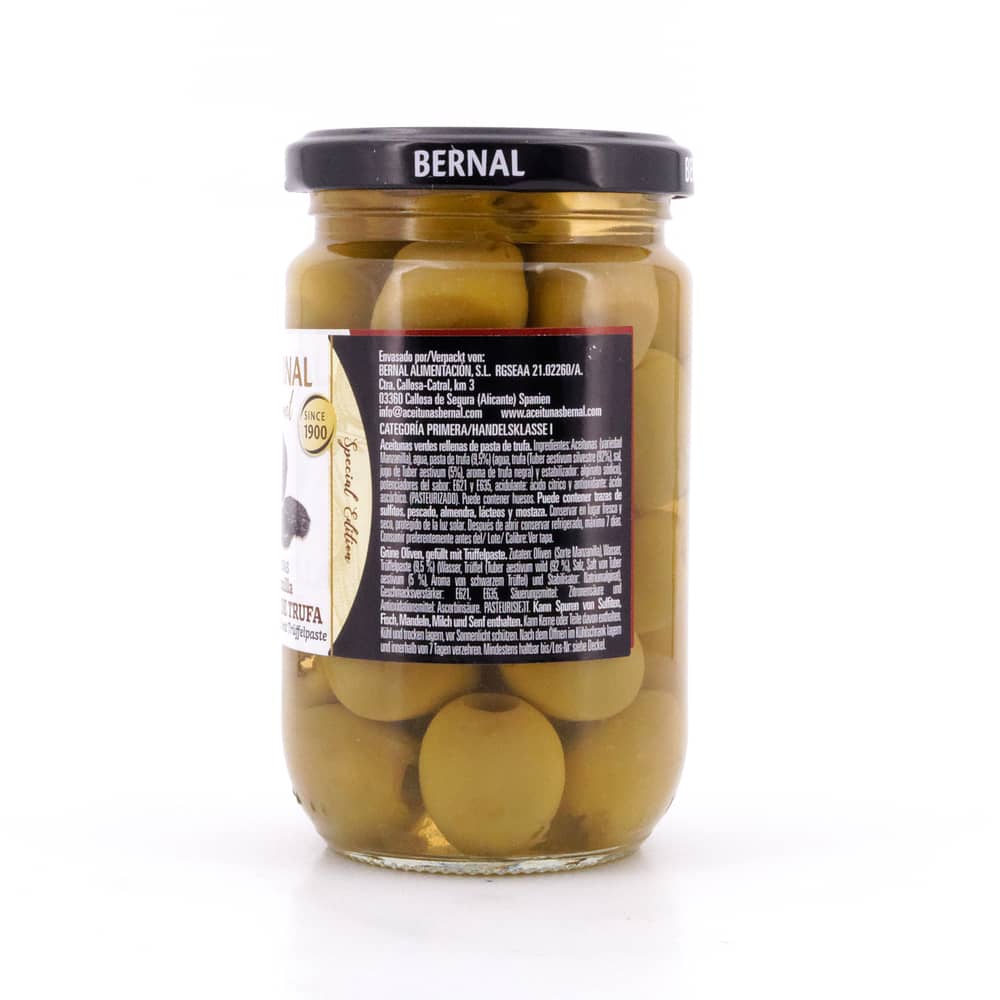 Bernal Grüne Oliven gefüllt mit Trüffelpaste 300g Glas 180 Gramm Abtropfgewicht Produktbild