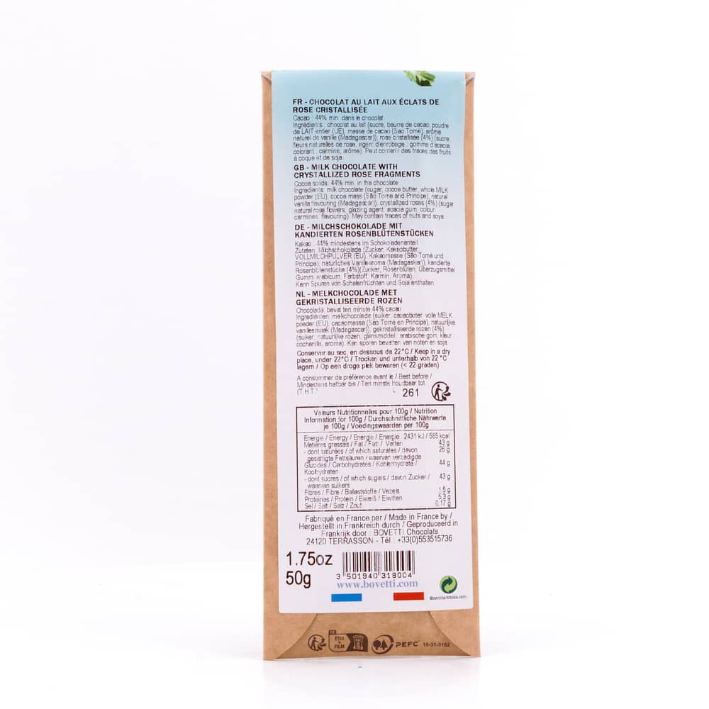 BOVETTI Chocolat Au Lait Roses Cristallisées Milchschokolade mit kandierten Rosenblütenstückchen 50 Gramm Produktbild