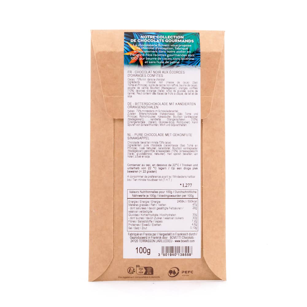 BOVETTI Chocolat Sao Tomé 73% Oranges Confites Zartbitterschokolade mit kandierten Orangen 100 Gramm Produktbild