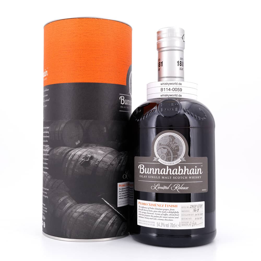 Bunnahabhain Jahrgang 2003 Pedro Ximénez Finish 11 Jahre in 2st fill Sherry Fässern 3 Jahre in 1st fill Pedro Ximénez 0,70 Liter/ 54.3% vol Produktbild
