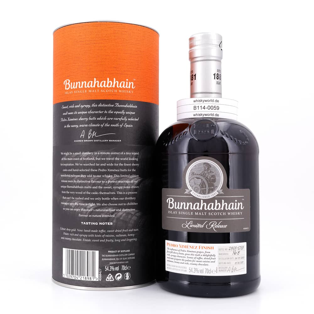 Bunnahabhain Jahrgang 2003 Pedro Ximénez Finish 11 Jahre in 2st fill Sherry Fässern 3 Jahre in 1st fill Pedro Ximénez 0,70 Liter/ 54.3% vol Produktbild
