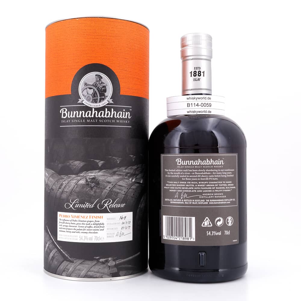 Bunnahabhain Jahrgang 2003 Pedro Ximénez Finish 11 Jahre in 2st fill Sherry Fässern 3 Jahre in 1st fill Pedro Ximénez 0,70 Liter/ 54.3% vol Produktbild