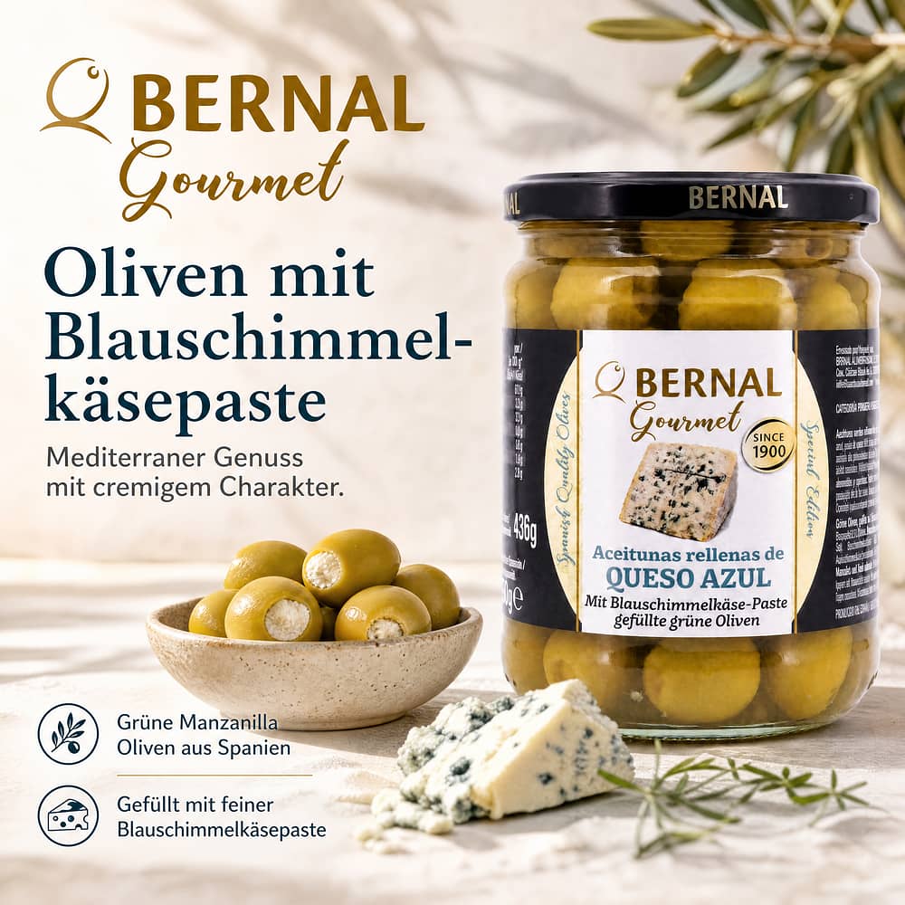 Bernal Grüne Oliven gefüllt mit Blauschimmelkäsepaste 436g Glas 250 Abtropfgewicht Produktbild