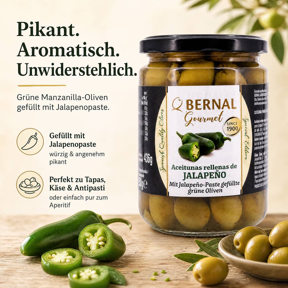 Bernal Grüne Oliven gefüllt mit Jalapenopaste 436g Glas 250 Gramm Abtropfgewicht Produktbild