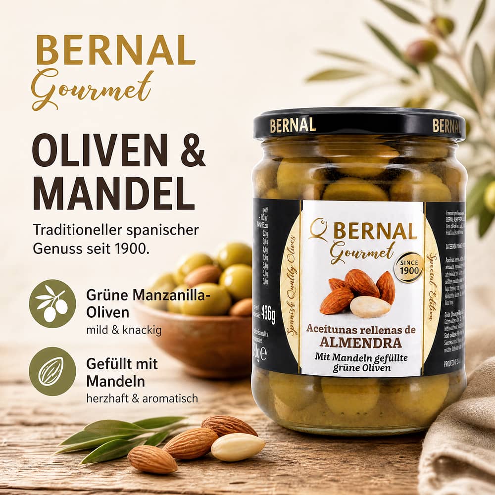 Bernal Grüne Oliven gefüllt mit Mandel 436g Glas 250 Gramm Abtropfgewicht Produktbild