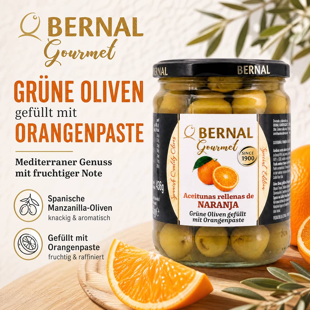 Bernal Grüne Oliven gefüllt mit Orangenpaste 436g Glas 250 Gramm Abtropfgewicht Produktbild