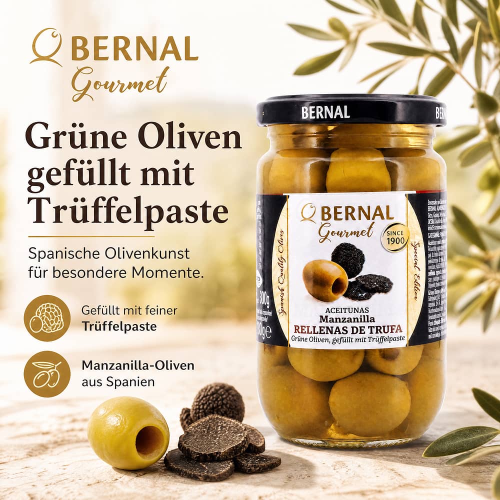 Bernal Grüne Oliven gefüllt mit Trüffelpaste 300g Glas 180 Gramm Abtropfgewicht Produktbild