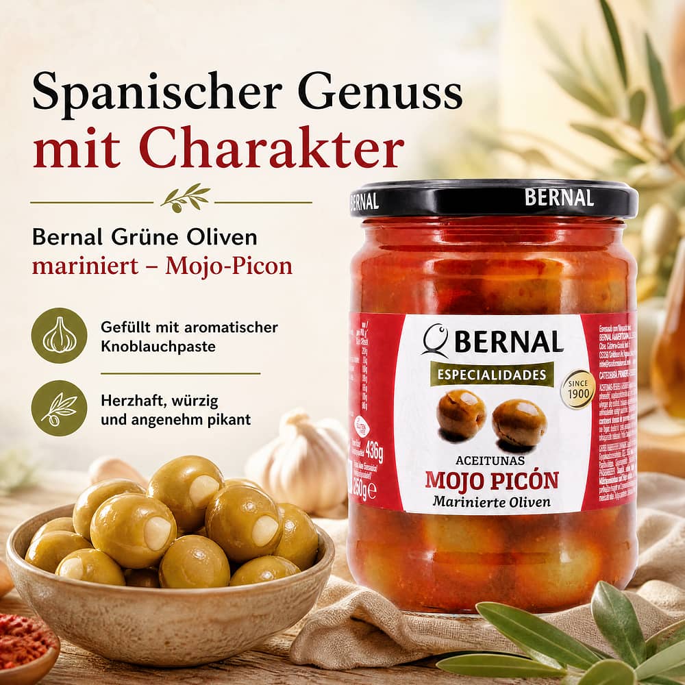 Bernal Grüne Oliven mariniert - Mojo-Picon 436g Glas 250 Gramm Abtropfgewicht Produktbild