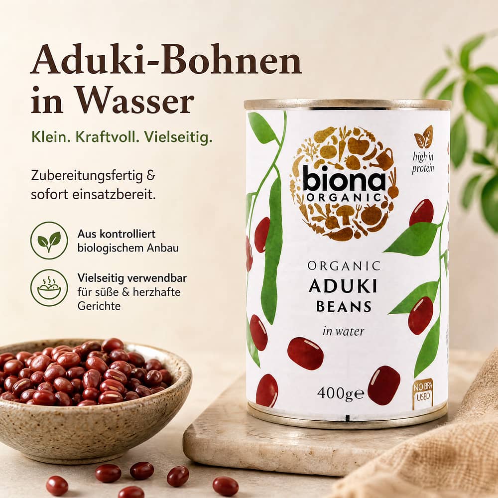 Biona Organic Aduki Beans Aduki-Bohnen in Wasser 230 Gramm Abtropfgewicht Produktbild