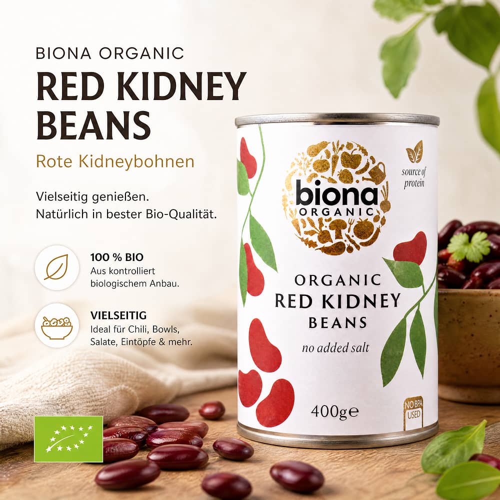 Biona Organic Red Kidney Beans Rote Kidneybohnen 240 Gramm Abtropfgewicht Produktbild
