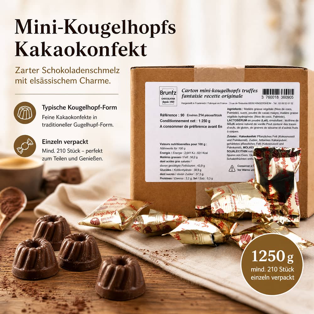 Bruntz Kougelhopfs Kakaokonfekt Mini-Kougelhopf 1250g Packung min. 210 Stck einzeln verpackt 1250 Gramm Produktbild