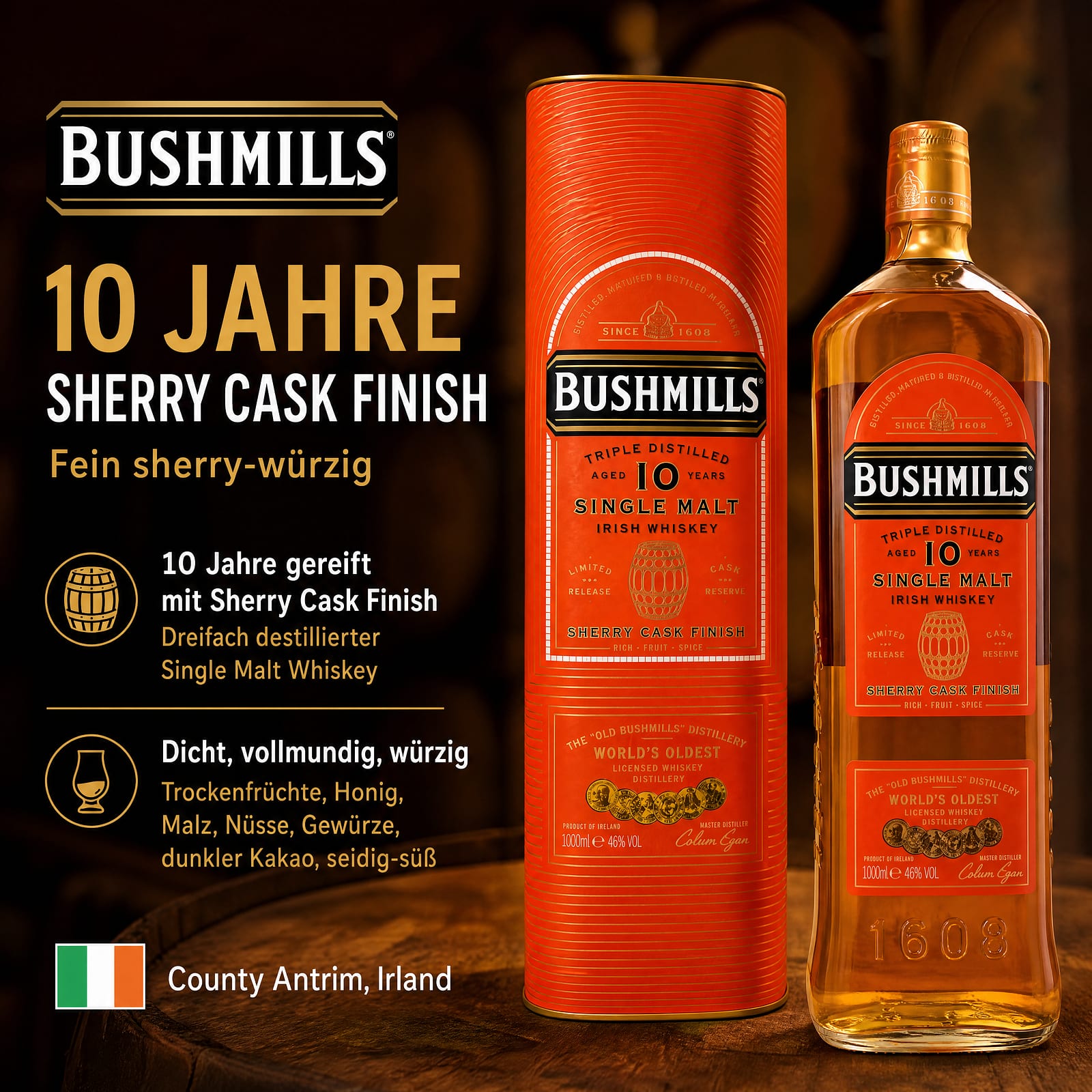 Bushmills 10 Jahre Sherry Cask Finish Literflasche 1 Liter/ 46.0% vol