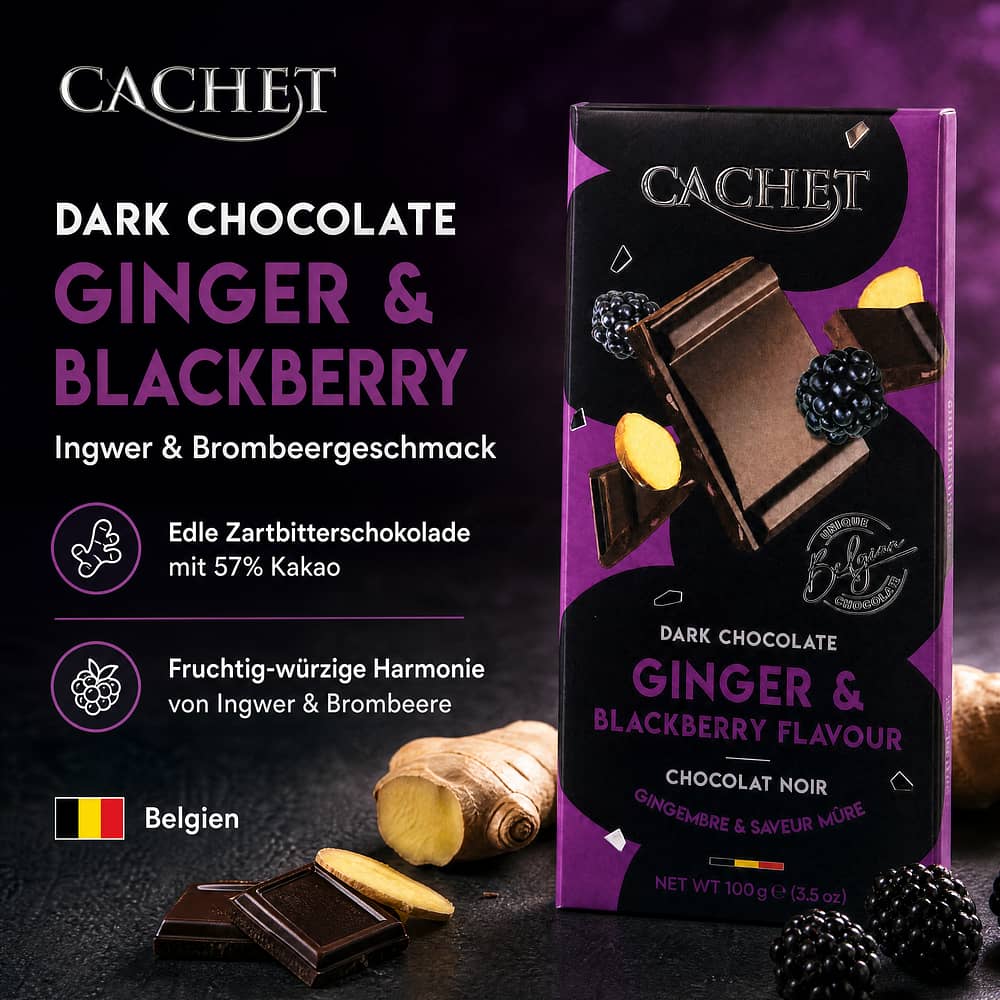 Cachet Dark Chocolate Ginger & Blackberry Ingwer & Brombeergeschmack 100 Gramm Produktbild