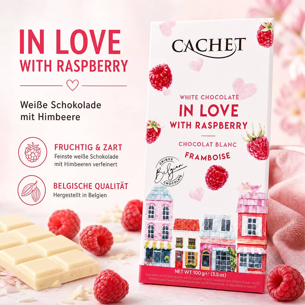 Cachet In Love With Raspberry Weiße Schokolade mit Himbeere 100 Gramm Produktbild