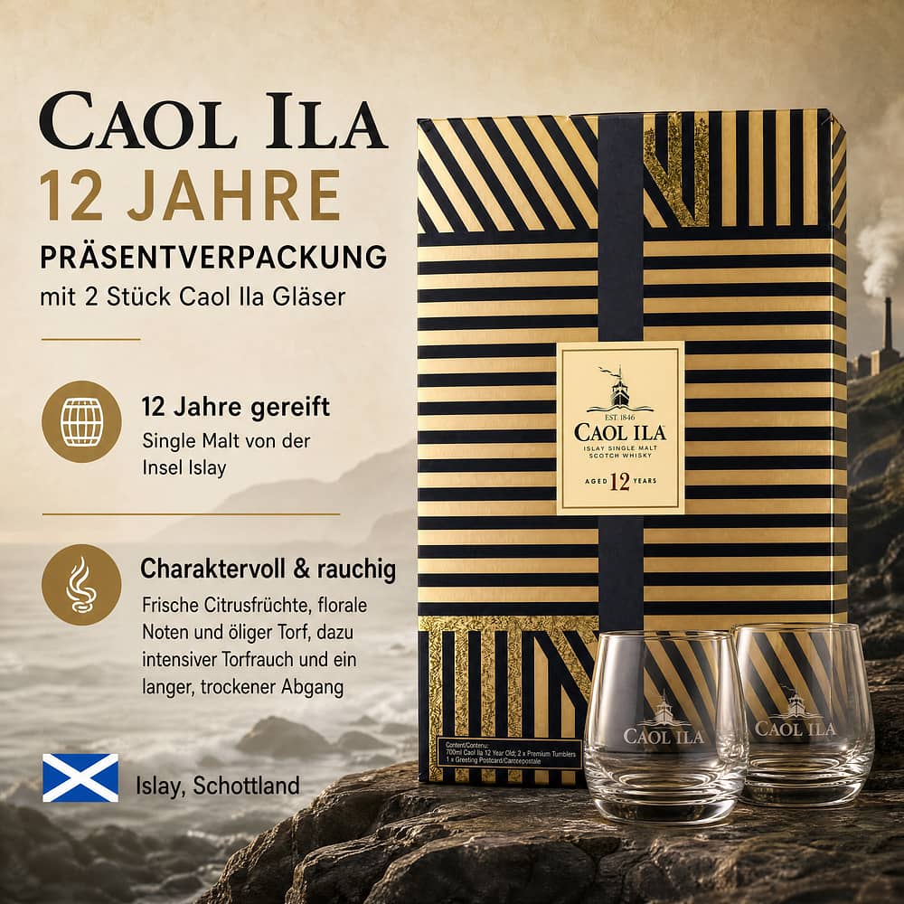 Caol Ila 12 Jahre Präsentverpackung mit 2 Stück Caol Ila Gläser 0,70 Liter/ 43.0% vol Produktbild