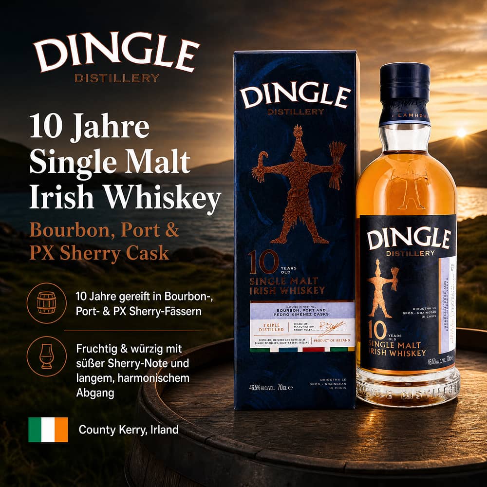 Dingle 10 Jahre  Single Malt Irish Whiskey Bourbon, Port & PX Sherry Cask 0,70 Liter/ 46.5% vol Produktbild