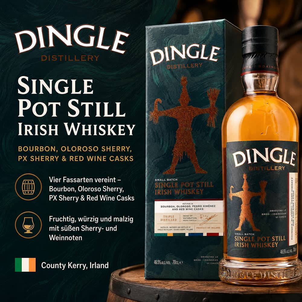 Dingle Single Pot Still Irish Whiskey Bourbon, Oloroso Sherry, PX Sherry & Red Wine Casks 0,70 Liter/ 46.5% vol Produktbild