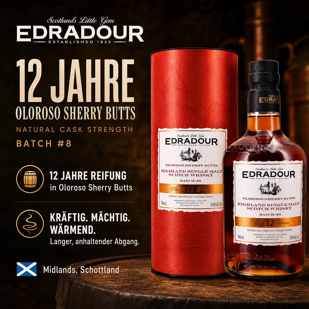 Edradour 12 Jahre Oloroso Sherry Butts Natural Cask Strength Batch #8 0,70 Liter/ 58.0% vol Produktbild