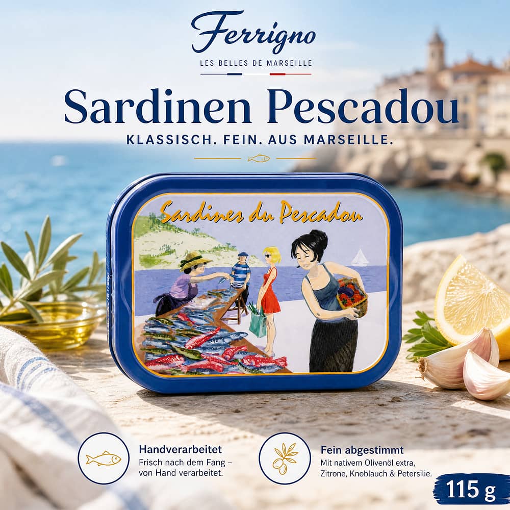 Ferrigno Sardinen 'Pescadou'  (Les belles de Marseille) 115g 75 Gramm Abtropfgewicht Produktbild