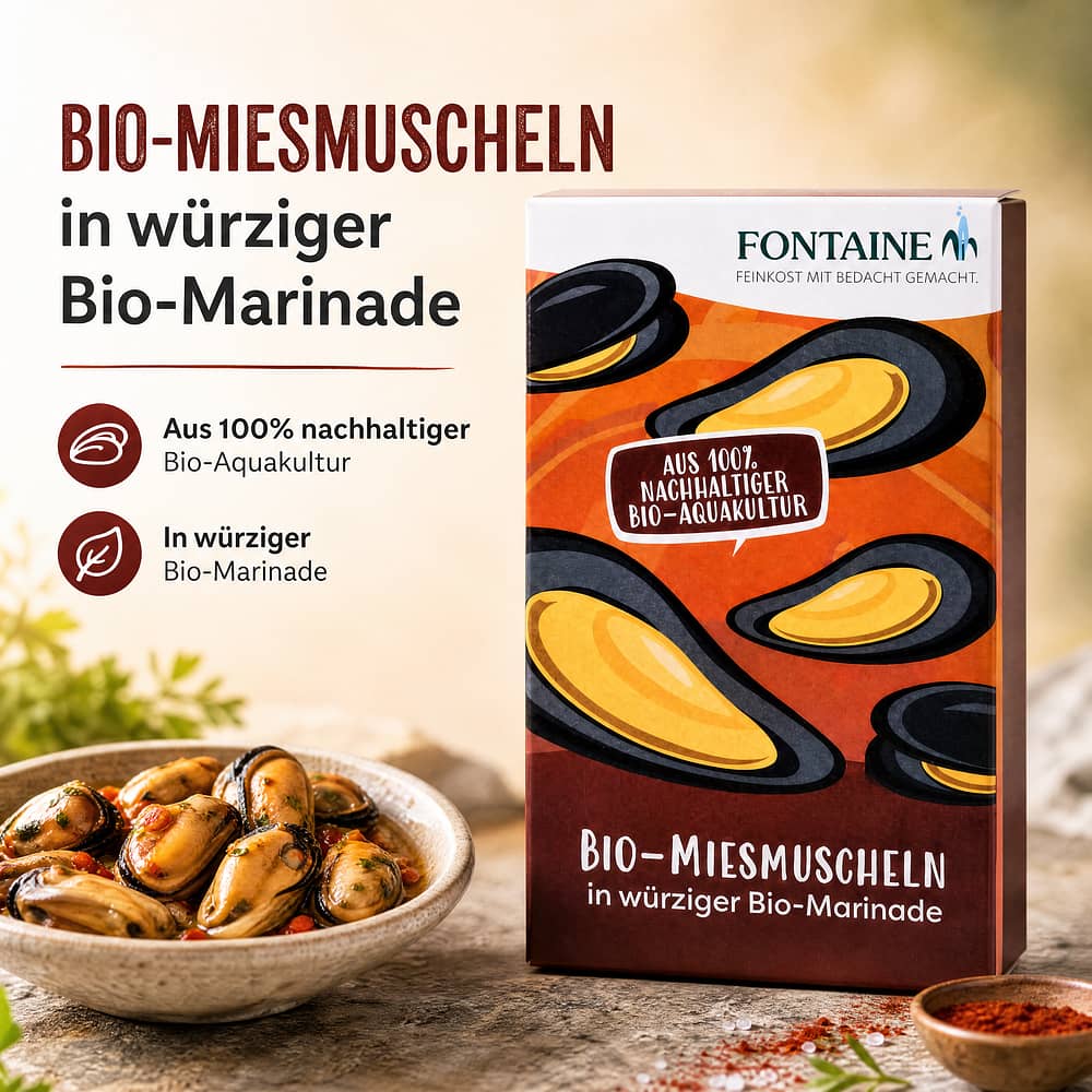 Fontaine Bio-Miesmuscheln in würziger Bio-Marinade 120g 80 Gramm Abtropfgewicht Produktbild