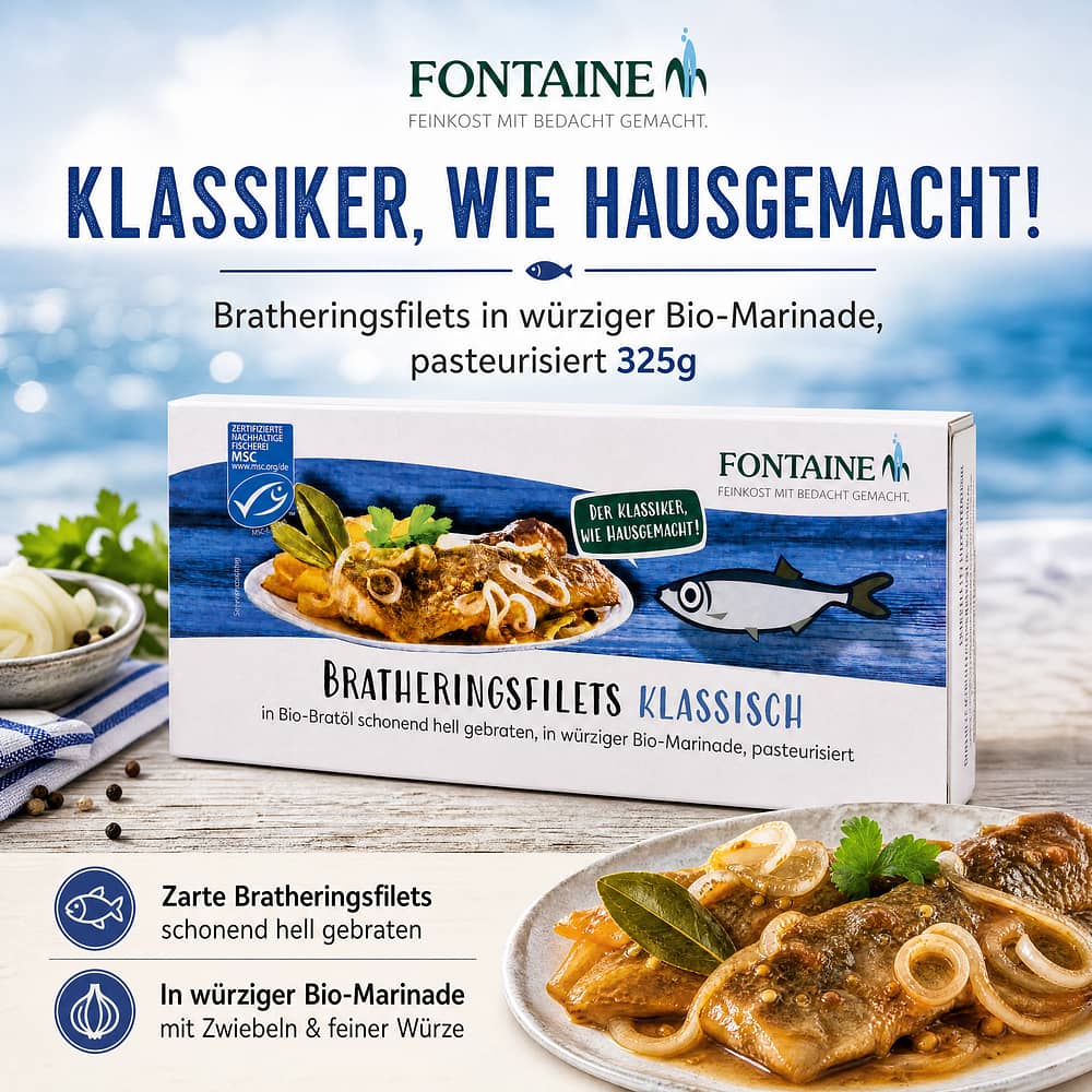Fontaine Bratheringsfilets in würziger Bio-Marinade, pasteurisiert 325g 200 Gramm Abtropfgewicht Produktbild