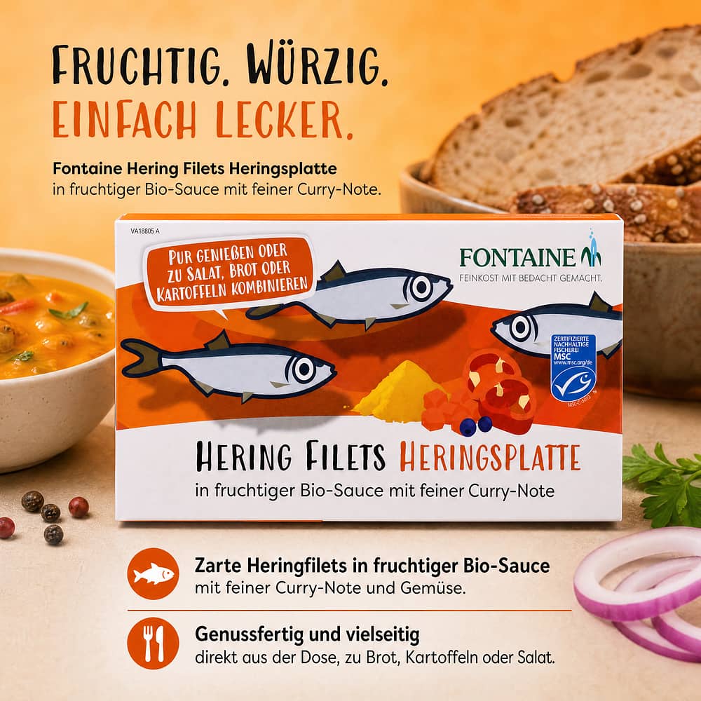Fontaine Hering Filets Heringsplatte in fruchtiger Bio-Sauce mit feiner Curry-Note 200g 110 Gramm Abtropfgewicht Produktbild
