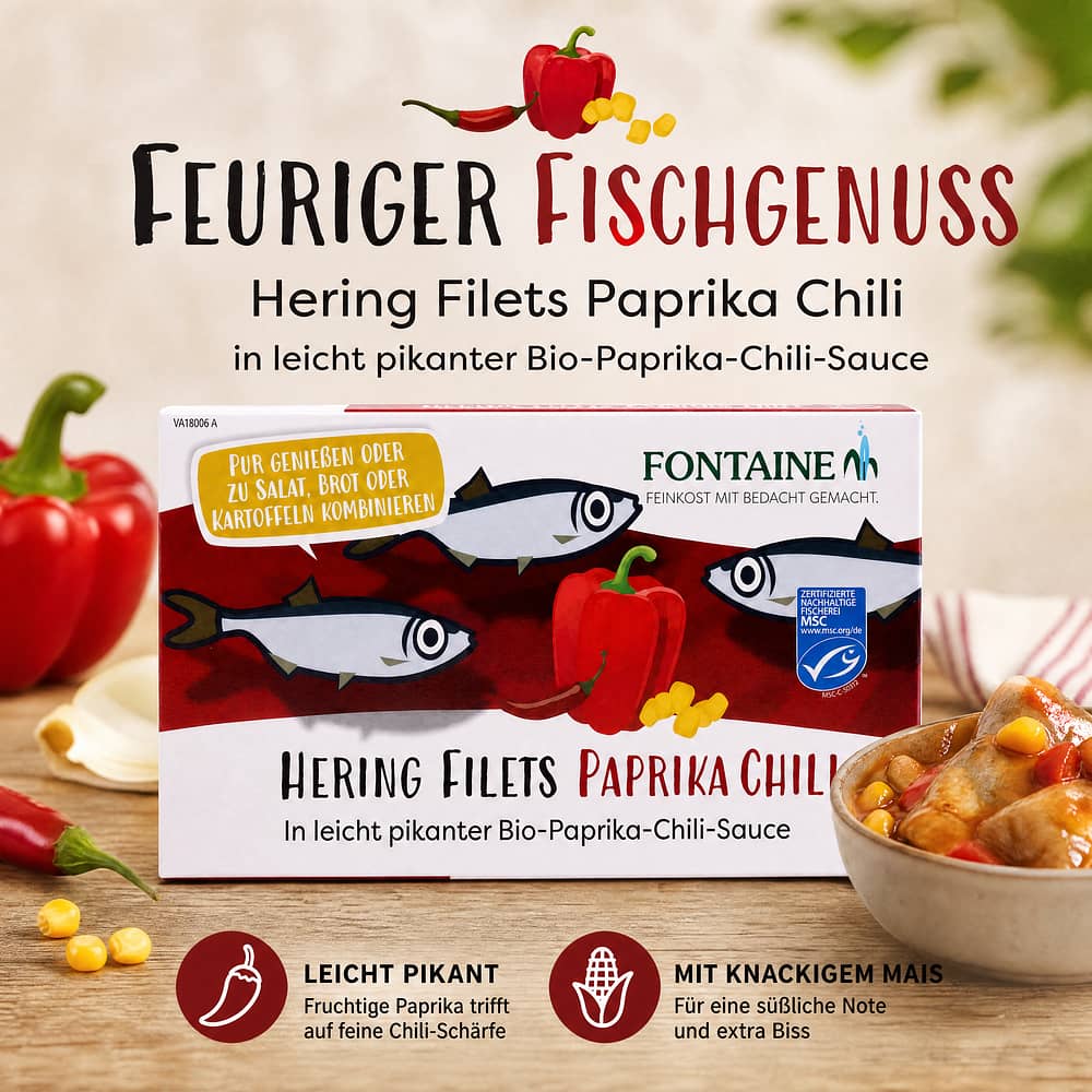 Fontaine Hering Filets  Paprika Chili in leicht pikanter Bio-Paprika-Chili-Sauce 200g 120 Gramm Abtropfgewicht Produktbild