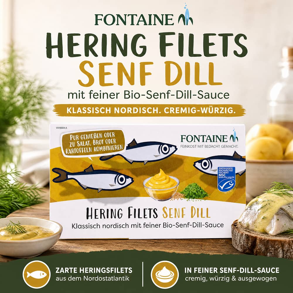 Fontaine Hering Filets Senf Dill mit feiner Bio-Senf-Dill-Sauce 200g Dose 120 Gramm Abtropfgewicht Produktbild