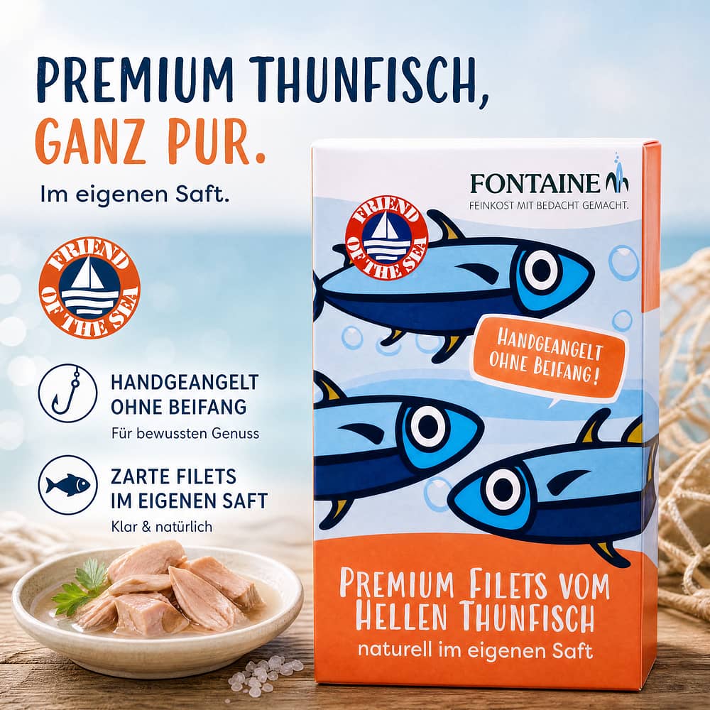 Fontaine Premium Filets vom Hellen Thunfisch naturell im eigenen Saft 120g 85 Gramm Abtropfgewicht Produktbild