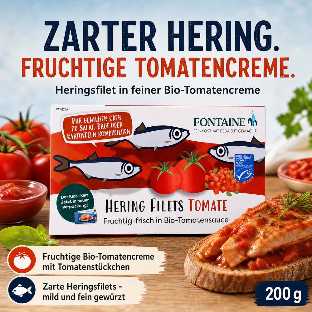 Fontaine Zartes Heringsfilet in BIO Tomatencreme 200g 200 Gramm Produktbild