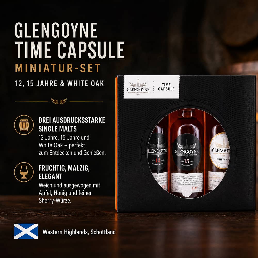 Glengoyne Time Capsule Miniatur-Set 12, 15 Jahre & White Oak 0,150 Liter/ 44.7% vol Produktbild