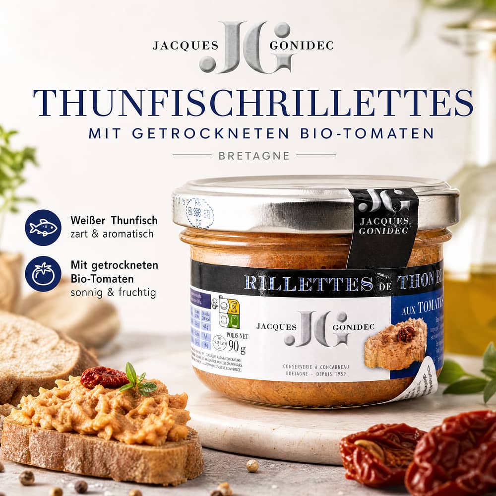 Jacques Gonidec Thunfischrillettes mit getrockneten BIO-Tomaten 90 Gramm Produktbild