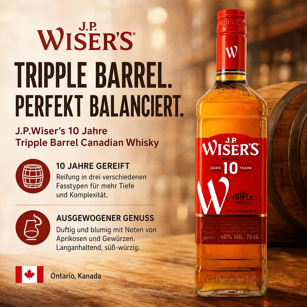 J.P.Wiser's 10 Jahre Tripple Barrel Canadian Whisky 0,70 Liter/ 40.0% vol Produktbild