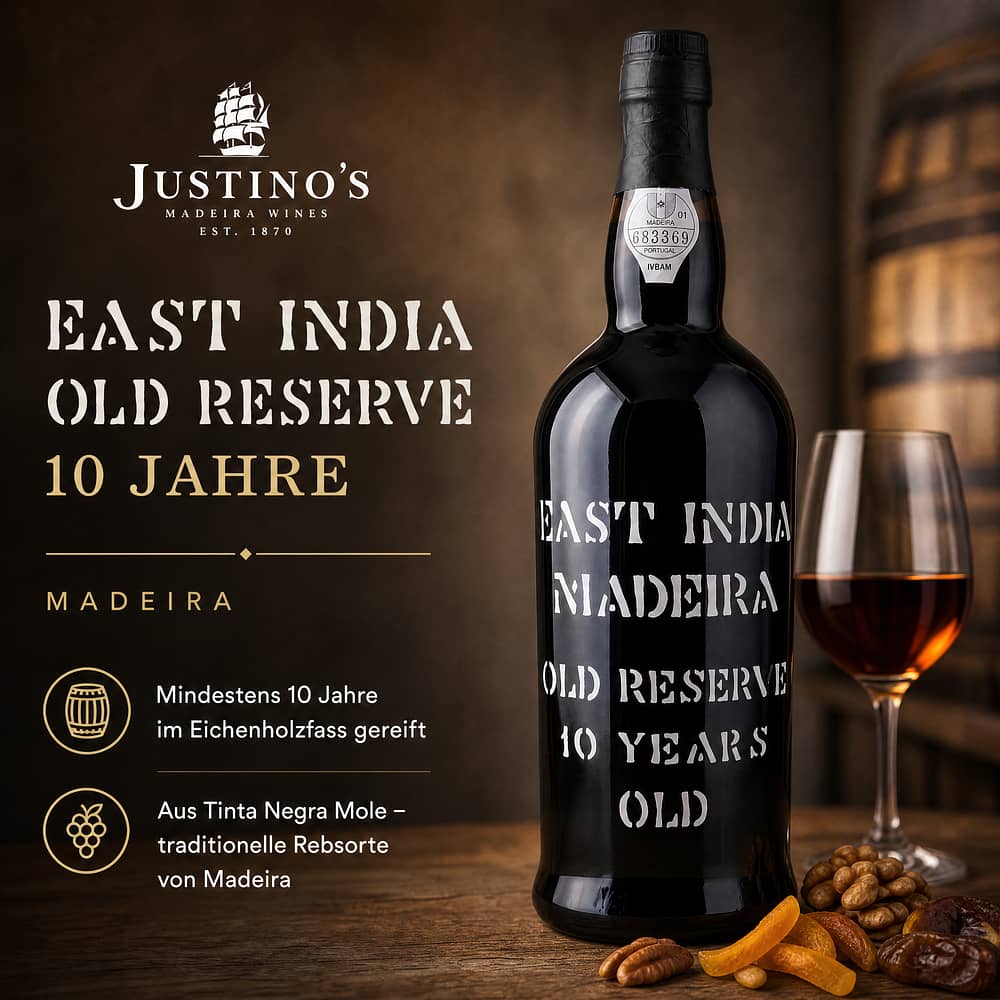 Justino`s East India Old Reserve 10 Jahre 0,750 Liter/ 19.0% vol Produktbild