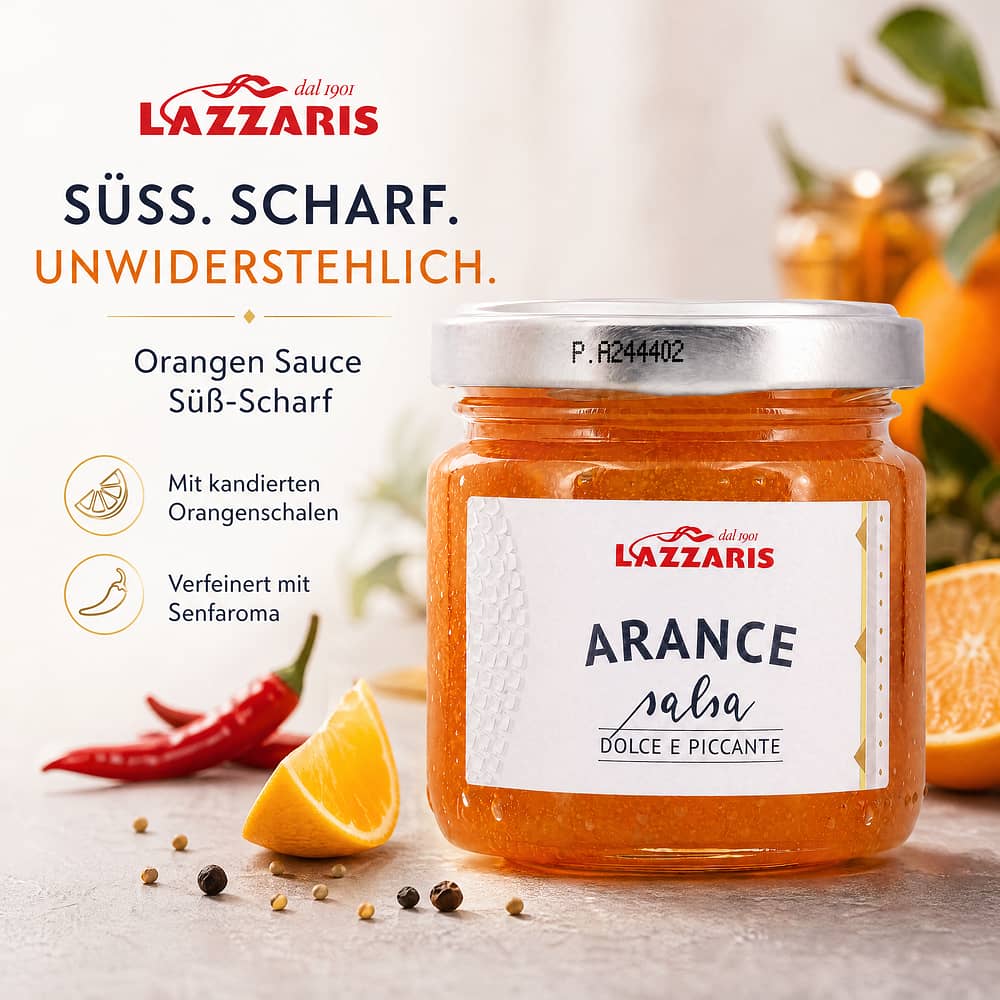 Lazzaris Orangen-Sauce aus kandierten Früchten mit Senfaroma Orangen Sauce Süß-Scharf 120 Gramm Produktbild