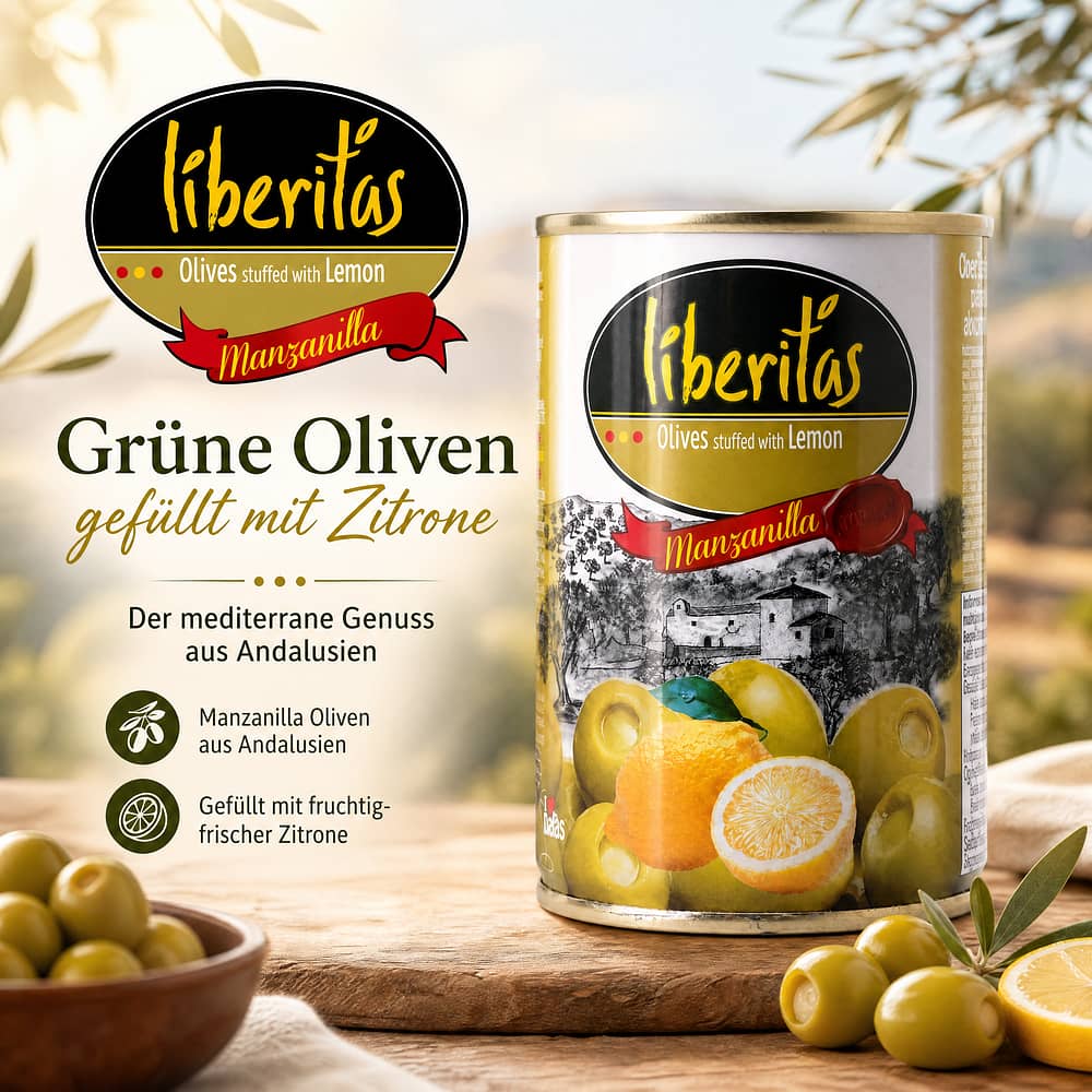 Liberitas Grüne Oliven gefüllt mit Zitrone 280g 100 Gramm Abtropfgewicht Produktbild