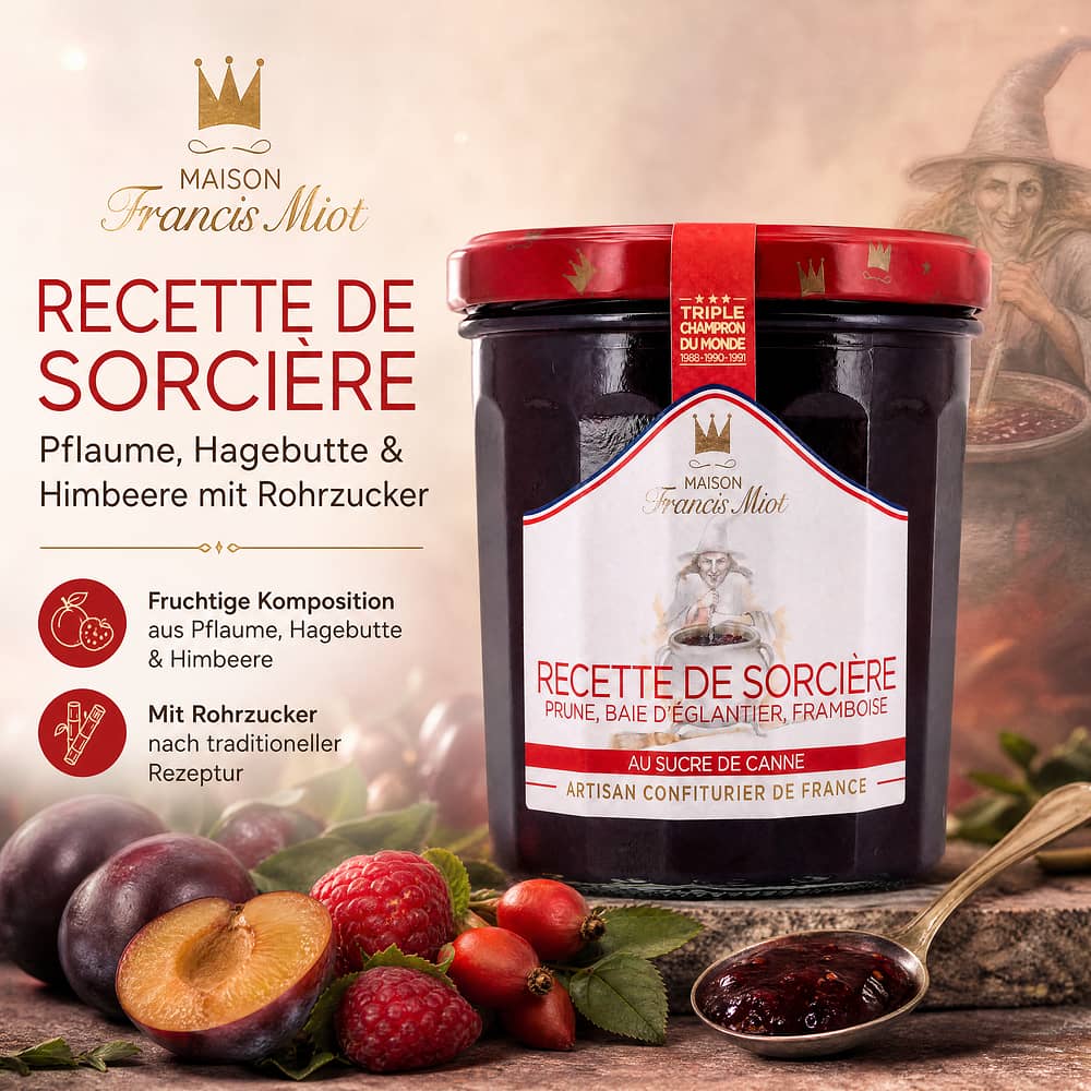 Maison Francis Miot Recette de Sorciere Hexe- Konfitüre aus Pflaume, Hagebutte & Himbeere, mit Rohrzucker 340 Gramm Produktbild
