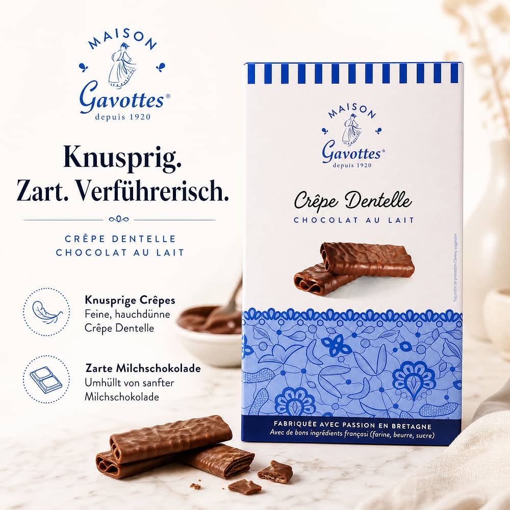 Maison Gavottes Crêpe Dentelle Chocolat Au Lait Knusper-Plätzchen mit Milchschokolade 100 Gramm Produktbild