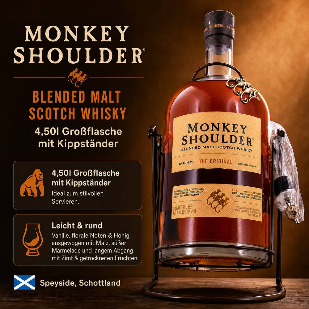 Monkey Shoulder Blended Malt 4,50l Großflasche Gorilla mit Kippständer 4,50 Liter/ 40.0% vol Produktbild