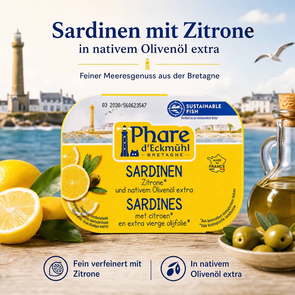 Phare d'Eckmühl Sardinen Zitrone und nativem Olivenöl extra 135g 102 Gramm Abtropfgewicht Produktbild