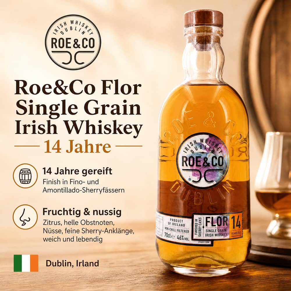 Roe&Co Flor Single Grain Irish Whiskey 14 Jahre 0,70 Liter/ 46.0% vol Produktbild