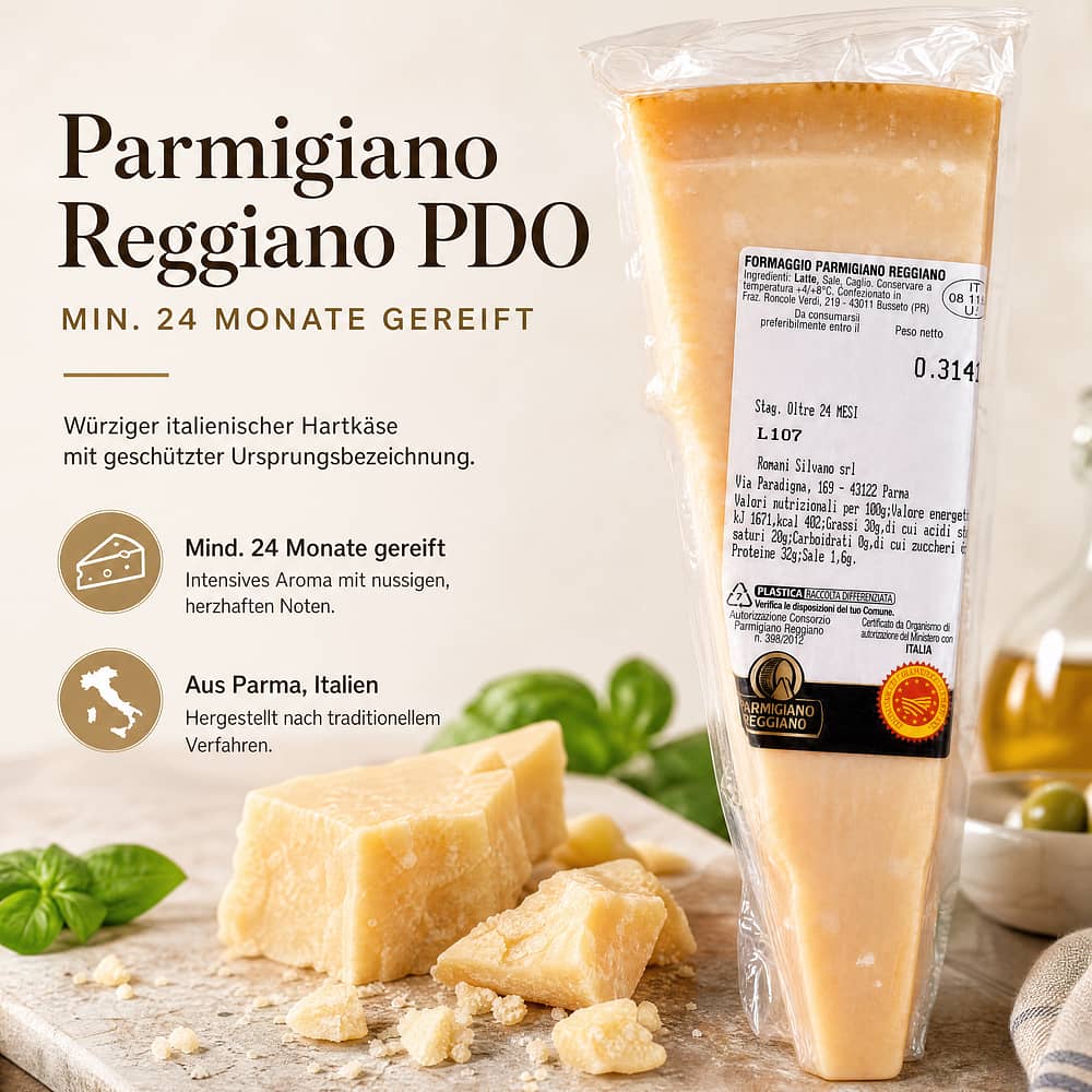 Romani Silvano Parmesan Käse Typ Parmiggiano Reggiano PDO min. 24 Monate gereift 300 Gramm Produktbild