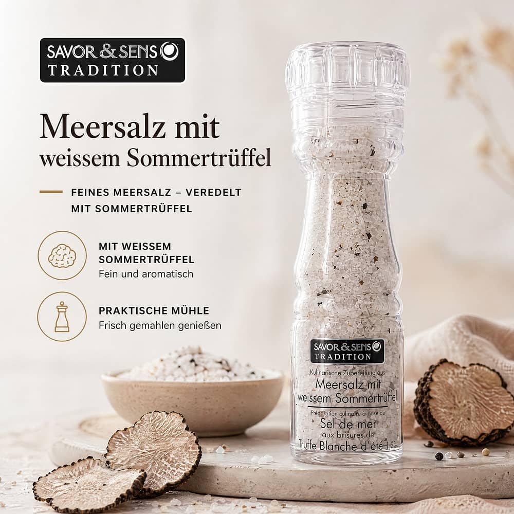 SAVOR CREATIONS Salzmühle mit weißem Sommertrüffel Meersalz 150 Gramm Produktbild