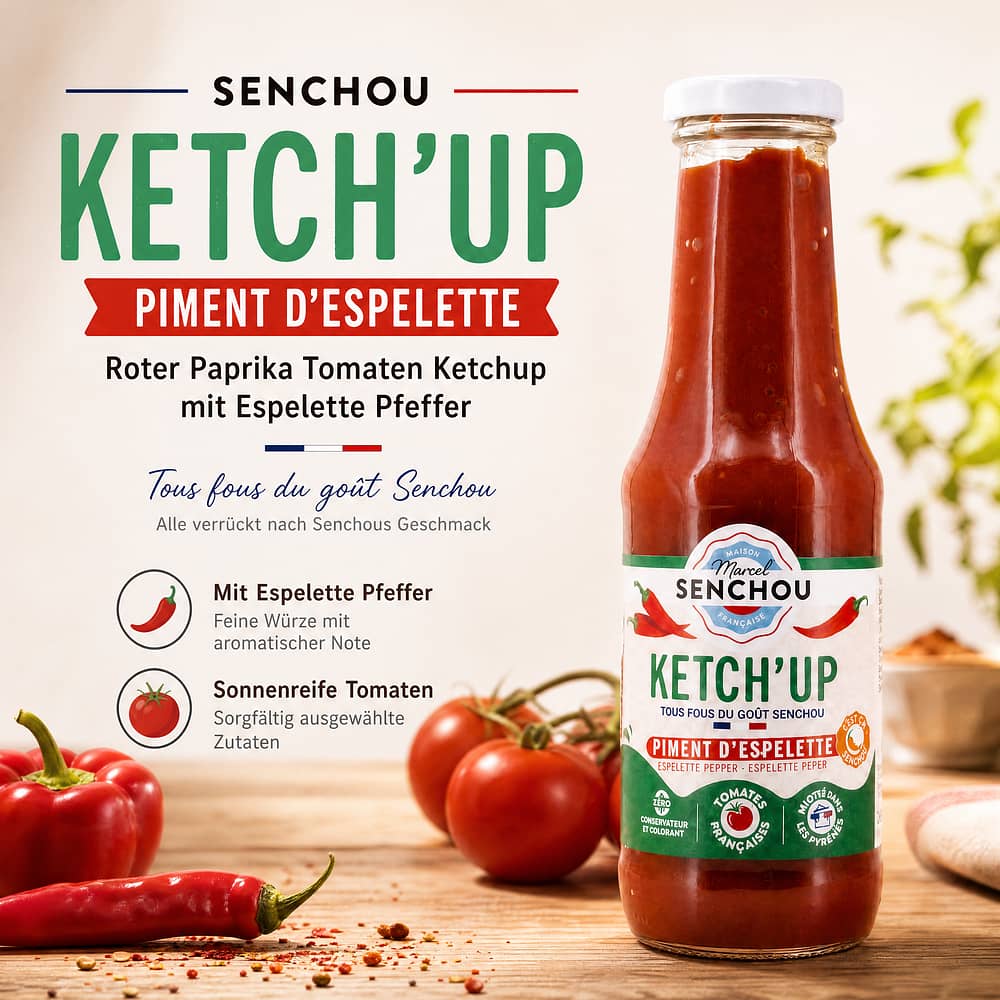 Senchou Pur Ketch`up Piment D´Espelentte Roter Paprika Tomaten Ketchup mit Espelette Pfeffer 360 Gramm Produktbild